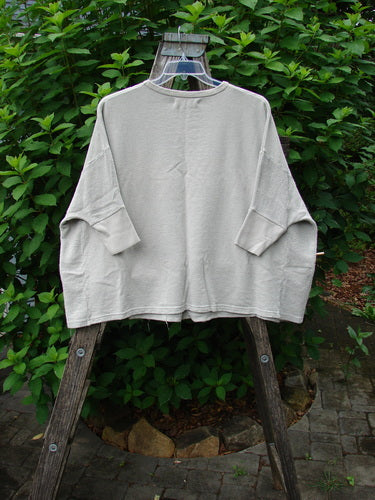 Barclay NWT Hemp Cotton Banded Sleeve Colors Sweatshirt Birdie Note Cloud OSFA displayed outdoors with dolman banded sleeves and contrasting textured hemp side panels, embodying BlueFishFinder.com's vintage, creatively expressive clothing style.