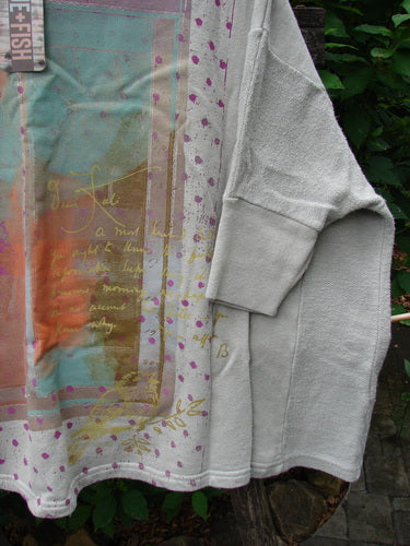 Barclay NWT Hemp Cotton Banded Sleeve Colors Sweatshirt Birdie Note Cloud OSFA, featuring textured hemp side panels, a wide boxy shape, and dolman banded sleeves, highlighting its unique pattern and craftsmanship.