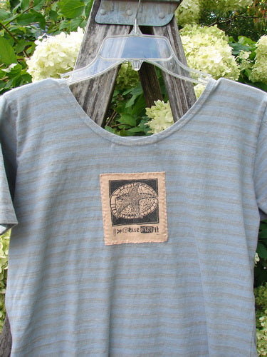 1997 Little Voyage Top Gray Blue Stripe Tiny Size 2 in soft gray-blue stripes, cut with a scoop neckline and short sleeves. A small beige patch with a printed graphic sits at the center chest, while the lightweight knit hangs from a clear hanger against leafy greenery.