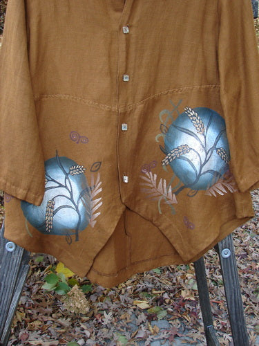 A Barclay Viscose Lilac Scallop Jacket in Copper with fallen leaf theme paint. Features include abalone diamond shape buttons, scallop hemline, arched waist seam, and sectional back lines. Size 0.