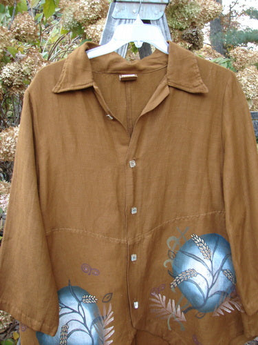 A Barclay Viscose Lilac Scallop Jacket in Copper with a fallen leaf theme paint. Features include abalone diamond shape buttons, a distinctive scallop hemline, and an arched waist seam. Size 0.