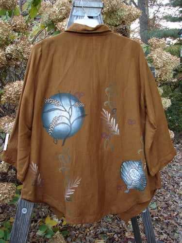 A Barclay Viscose Lilac Scallop Jacket in Copper with fallen leaf theme paint. Features include abalone diamond shape buttons, distinctive scallop hemline, and arched waist seam. Size 0.