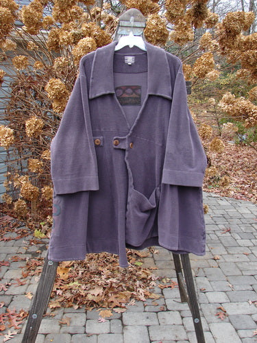 2000 Patched Celtic Moss Highlander Coat Aubergine Size 0: A rare, plush fleece coat with empire waistline, diagonal back, and front buttons.