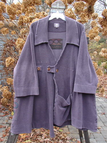 2000 Patched Celtic Moss Highlander Coat, Aubergine, Size 0, with big collared front, empire waistline, and three front buttons.