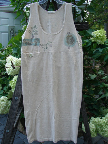 1995 Tab Jumper Magic Forest Natural Altered OSFA displayed on a wooden ladder, featuring a scoop neckline, drop waist seam, tiny pocket with blue ceramic button, and forest-themed paint.