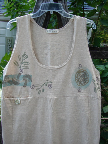 1995 Tab Jumper Magic Forest Natural Altered OSFA: A white tank top featuring a blue design with an extreme scoop neckline, drop waist seam, and a tiny pocket with a vintage ceramic button.