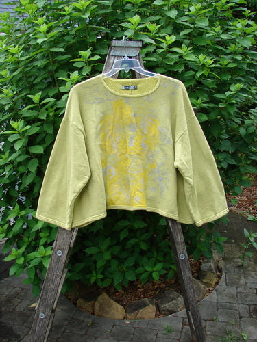 Barclay Fleece Crop Boxy Sweatshirt showcasing a drop shoulder design and continuous Blue Fish logo, draped on a wooden ladder, exemplifying cozy fleece fabric from BlueFishFinder's vintage collection.