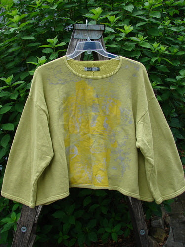 Barclay Fleece Crop Boxy Sweatshirt Blue Fish Logo Sunshine OSFA displayed on a swing, highlighting its wide sleeves, drop shoulders, and boxy crop design, embodying Bluefishfinder.com's vintage and creative style.