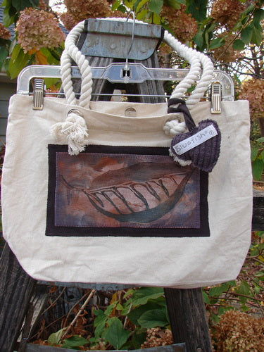 1998 PMU Patched Canvas Rope Pocket Tote Bag Ash Leaf Natural One Size featuring a puffy purple heart and Blue Fish label, showcasing vintage-inspired design with cotton rope straps and recycled canvas.