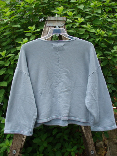 Barclay Fleece Crop Boxy Sweatshirt Blue Fish Land Trinket OSFA displayed on a hanger, showcasing its wide, slightly A-lined shape, drop shoulders, and continuous artistic theme, perfect for cozy fall styling.