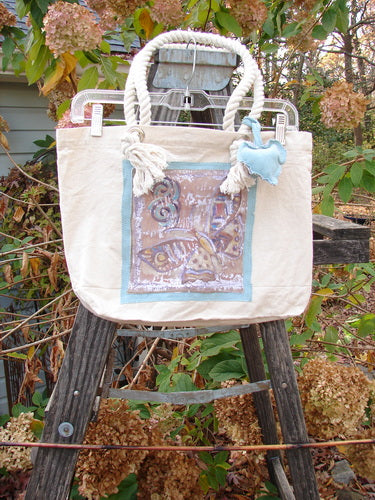 Barclay PMU Patched Canvas Rope Pocket Tote Bag Butterfly Natural One Size displayed on a chair, featuring a cotton rope strap, gusset bottom, and signature Blue Fish patch from Bluefishfinder.com.