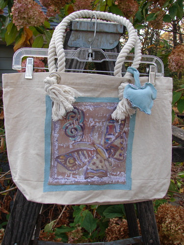 Barclay PMU Patched Canvas Rope Pocket Tote Bag Butterfly Natural One Size, featuring rope handles, a generous top opening, and adorned with a butterfly patch, exemplifying Bluefishfinder.com's commitment to sustainable vintage creativity.