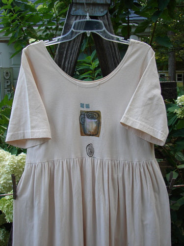 1996 Simple Dress Magic Teacup Birch Bark Size 0 features a white shirt with a painting of a cup, slightly deeper rounded neckline, drop empire waist, and a full sweeping skirt.