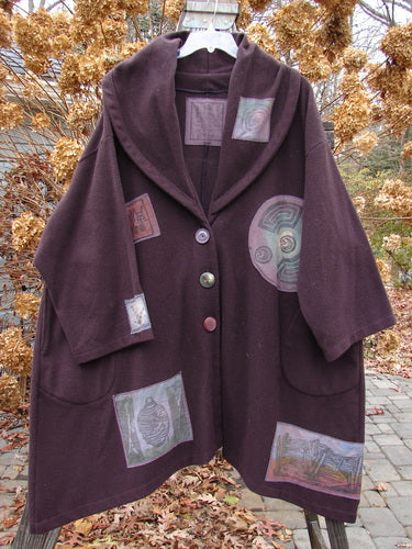 1994 Patched Wool Falling Snow Short Coat on a rack, with patches and a close-up of the cloth.