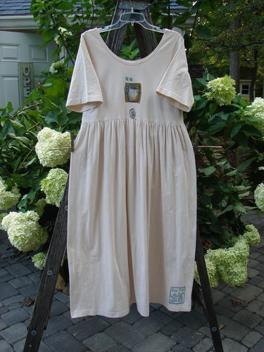 1996 Simple Dress Magic Teacup Birch Bark Size 0, short-sleeved, organic cotton, displayed on a clothesline, showcasing a slightly deeper rounded neckline, drop empire waist seam, and full sweeping skirt with Blue Fish stamp.