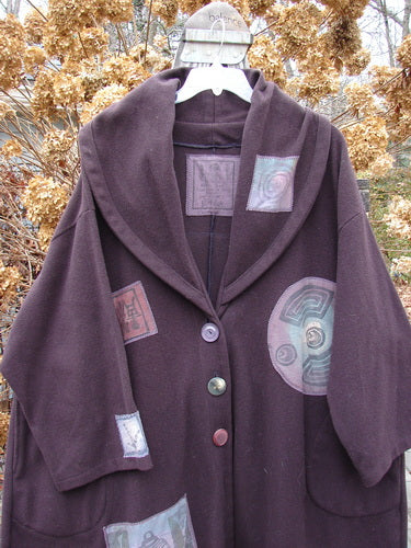 1994 Patched Wool Falling Snow Short Coat with hood, perfect One Size Fits All, made from Melton Wool. Vintage Blue Fish buttons, deep side entry pockets, shawl collar, flared shape, A-line swing. Geisha Gal theme.