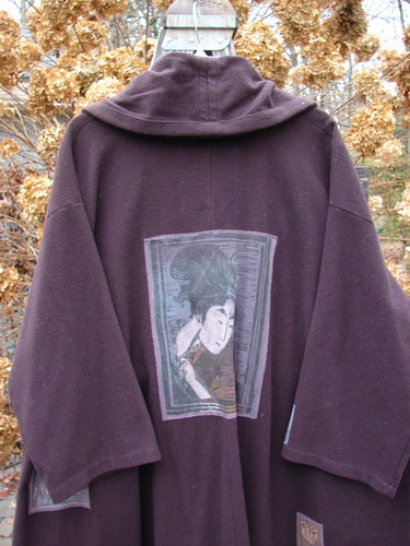 1994 Patched Wool Falling Snow Short Coat Geisha Gal Plum Wine OSFA - A purple jacket with a picture on it, adorned with multi-colored patches.