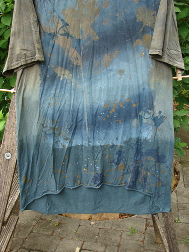 Barclay Tournesol Slim Tunic Sea Botanicals Mottled Brown Ocean OSFA, featuring a rounded neckline, drop shoulders, and varying hemline. The design includes a sea botanicals theme with loose three-quarter sleeves.