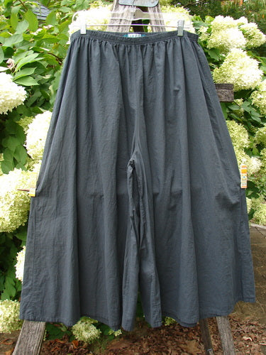 Barclay Batiste Crop Wide Leg Pant in unpainted black, size 2, with a voluminous wide-leg silhouette and softly crinkled matte fabric. The cropped pants hang from a hanger outdoors against dense green foliage and white blossoms, creating a natural, high-contrast backdrop.
