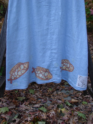 2000 Summer Shift Dress Fish Stream Size 1: A blue dress with fish design on it, made from light weight linen fabric.