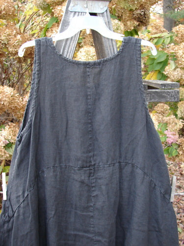 Barclay Linen Open Front Drawcord Hem Jumper in Black, Size 1: Layered cross over front dress with batiste under skirt layer, elastic gathered hemline. Bust 48, Waist 50, Hips 56. Length 48 inches.