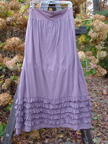 Barclay NWT Voile Fold Over Five Ruffle Skirt, Dusty Lavender, Size 2: A long purple skirt with a fold-over waist panel and a beautiful ruffled five-row paneled hemline. Made from lightweight organic voile batiste.