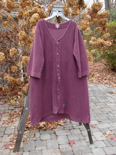 2000 Celtic Moss Hobo Coat Unpainted Murple Size 1: A purple cardigan with buttons, featuring a deep V neckline, belled sleeves, and a double-layered button cuff and hemline.