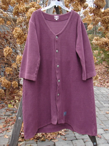 2000 Celtic Moss Hobo Coat Unpainted Murple Size 1: A close-up of a purple long-sleeved hobo coat with metal-like buttons, a deep V neckline, and belled sleeves.