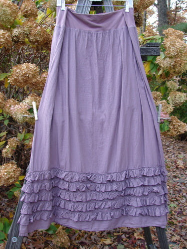 Barclay NWT Voile Fold Over Five Ruffle Skirt, a long purple skirt with a ruffled hemline on a clothesline.