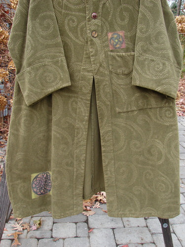 2000 Patched Upholstery Diwmach Coat Swirl Pine Size 2: A heavy-weighted cotton coat with a damask swirl pattern, colorful patches, a scalloped neckline, and vintage buttons.