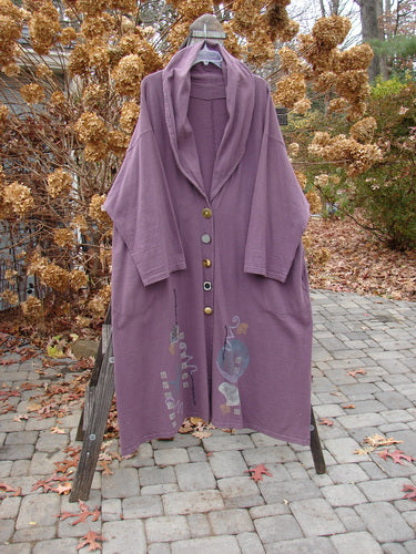 1994 Carriage Coat Asian Fan Fugi Purple OSFA: A billowy purple coat with an Asian fan design, oversized buttons, and deep side pockets.