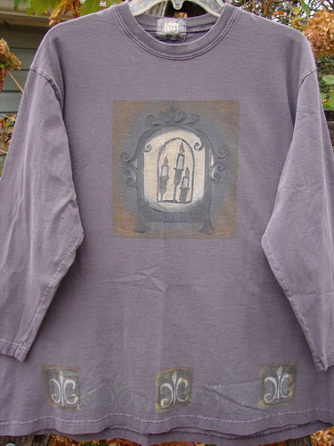 1999 Long Sleeved Tee Candle Blackberry Size 1 featuring a drawing of candles in a window, exemplifying Bluefishfinder.com's vintage Blue Fish Clothing style.