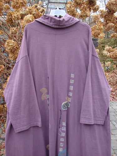 1994 Carriage Coat Asian Fan Fugi Purple OSFA: A billowy purple robe with oversized buttons, deep pockets, and an Asian fan design.