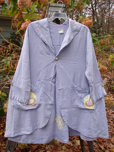 1999 Breeze Jacket Flower Heart Iris OSFA, featuring a sailor-painted collar, oversized drop pockets, and a breezy flow, showcased as a vintage piece from BlueFishFinder.com’s unique collection.