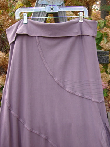 Barclay Cotton Lycra Fold Over Lantern Skirt on clothes line, Plum Stripe, Size 2