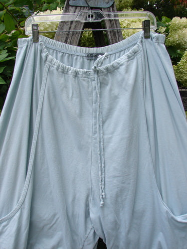 Barclay Bushel Short Planetarium in clear blue, size 2, shown as lightweight shorts with a soft drape, elastic waistband, and long drawstring ties. The pale fabric hangs from a clear hanger, with deep side pockets and a smooth, airy finish against an outdoor backdrop.