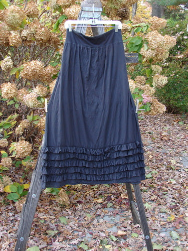 Image: A blue skirt with ruffles on a clothes line. 

Description: Barclay Voile Foldover Five Ruffle Skirt in Unpainted Black, Size 2. Made from light organic voile batiste, this skirt features a full cotton thick fold over waist panel and a beautiful ruffled five-row paneled hemline. The A-line shape and billowy flare create a multi-layered, textured look. Perfect for building a special outfit.