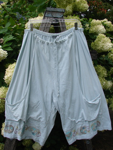 Barclay Bushel Short Planetarium clear blue day shorts in size 2, hanging from a clear hanger. The lightweight fabric falls in a loose, airy drape with an elastic drawstring waist, deep curved side pockets, and a decorative planetarium-style border near the hem.