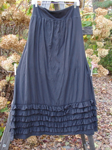 Barclay Voile Foldover Five Ruffle Skirt in Black, Size 2. A dress on a clothes rack. A long black skirt on a clothes line. A close-up of a ruffled skirt.