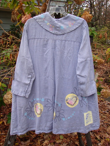 1999 Breeze Jacket Flower Heart Iris OSFA features a long, flowing design with a floral and heart motif, oversized drop pockets, and a classic sailor painted collar, embodying vintage Blue Fish Clothing style.