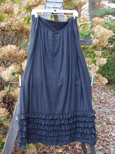 Barclay Voile Foldover Five Ruffle Skirt Unpainted Black Size 2: A dress on a clothesline with a long blue ruffled skirt. Perfect for building a special look with suggestive delicate textures.