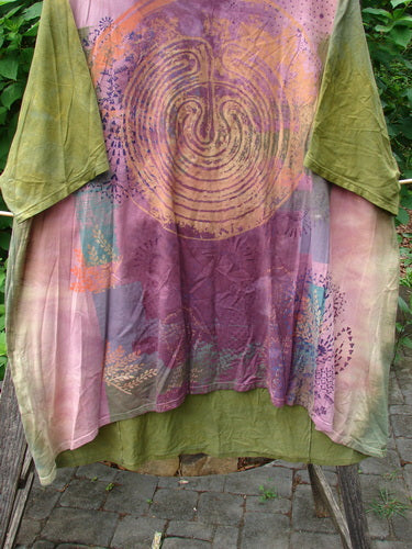 Barclay Art Tee Primitive Path Mottled Fall Festival OSFA, featuring a loose, tunic-length design with drop shoulders and three-quarter sleeves, showcasing a unique fall festival theme pattern.