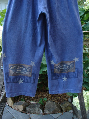 1995 Reprocessed Fitzgerald Pant Fish Star Royal Orchid Altered Size 1 features blue pants with fish designs, dense cotton fabric, elastic waist, side pockets, and generous hip measurement.