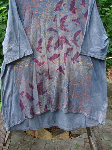 Barclay Tournesol Tunic Gull Flock Mottled Night Sky OSFA: Features bird-themed design, tunic length, drop shoulders, loose three-quarter sleeves, rounded neckline, varying hemline, perfect for expressing individual style.