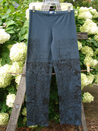 Barclay Cotton Lycra Straight Pant City Plan Lux Silhouette Size 0 in dark blue, with a straight-leg cut and abstract city-map print concentrated along the lower legs. The cotton-lycra fabric hangs from a hanger between wooden supports, framed by pale hydrangea blooms and green foliage.