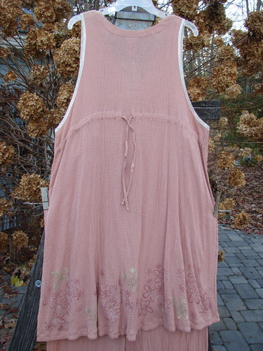 1998 Gauze Shell Layering Duo Tiny Floral Blush Size 2: A pink dress on a clothes rack, featuring square shell buttons, a rounded hemline, and hand-dyed silk ribbon edges.