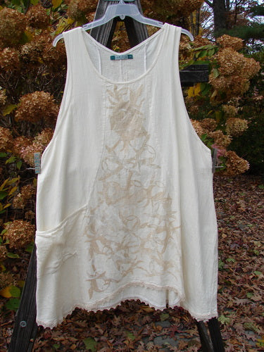Barclay Linen Figure 8 Lace Hem Pocket Pinafore Dress Soft Floral Crème Size 2 on clothesline.
