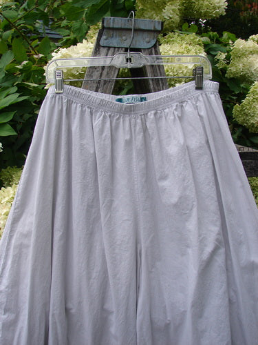 Barclay Batiste Cotton Wide Leg Carassai Pant in unpainted stone, size 2, with a flowing wide-leg silhouette and softly crinkled cotton texture. The pale fabric hangs from a clear hanger, framed by lush green foliage and weathered wood in natural daylight.