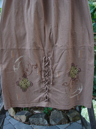 1997 Escapade Skirt Celtic Turn Mandorla Size 1: Mid-weight organic cotton skirt with a knot detail, featuring a full 2-inch elastic waistline and sectional bottom panel with long lacings.