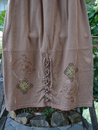 1997 Escapade Skirt Celtic Turn Mandorla Size 1, featuring a lace-up front, sectional bottom panel with Celtic Turn theme, and elastic waistline, made from mid-weight organic cotton. Perfect condition.